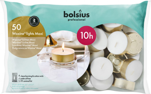 Bolsius Horeca maxi waxine lichten 10uur wit (50 Stuks)